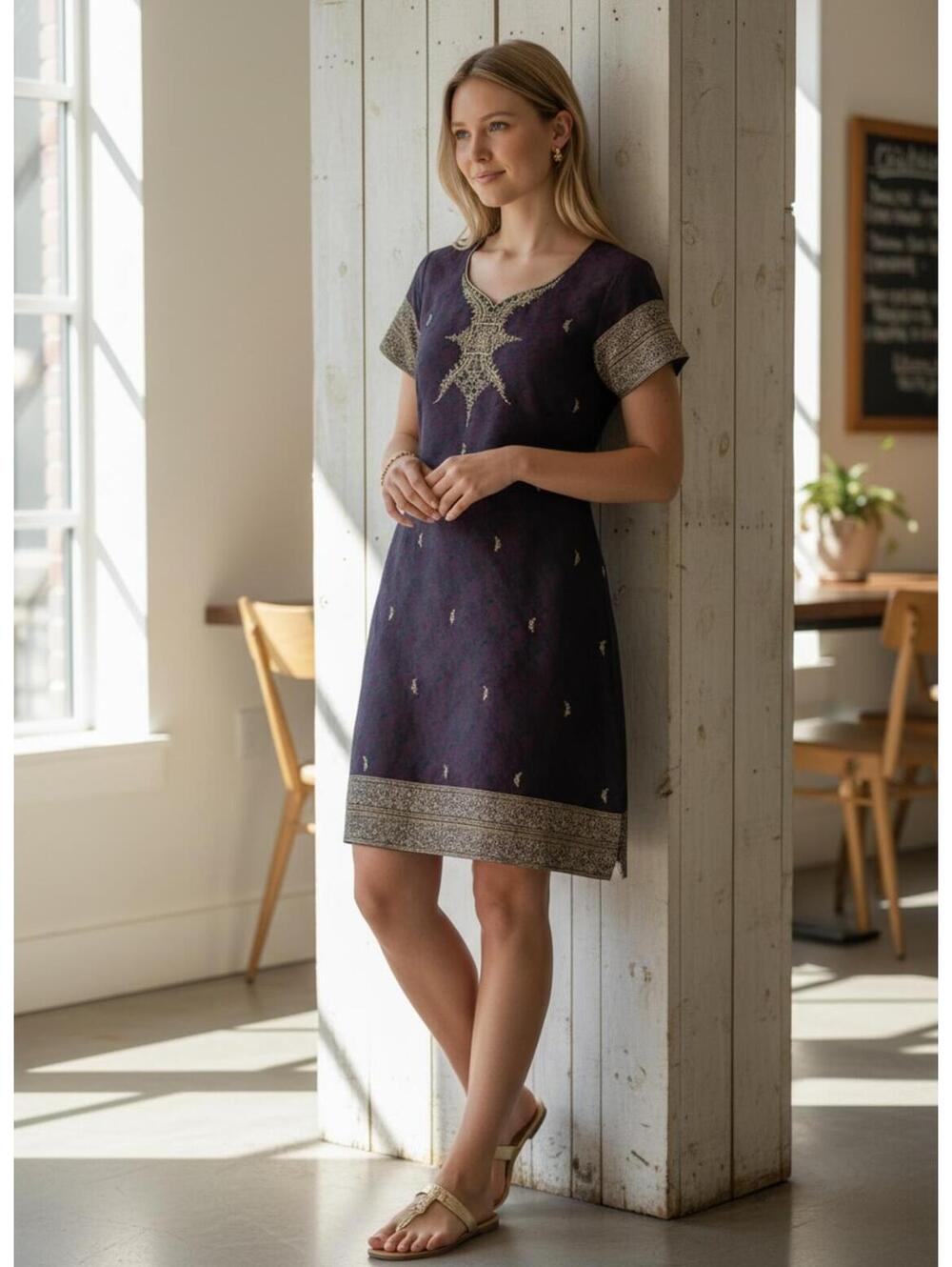 Isvarah Purple Embroidered Kurti Tunic Dress Silver Metallic Ethnic Wear